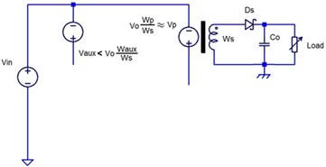 Equivalent stage circuits. Vaux – auxiliary winding voltage during non-conducting condition,  Vp – primary winding voltage during non-conducting condition,  Vo – output voltage, Vc – clamp capacitor voltage