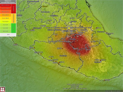 a) Intensities map performed by the Engineering Institute of the UNAM  and b) uniform seismic hazard spectrum on stiff soil