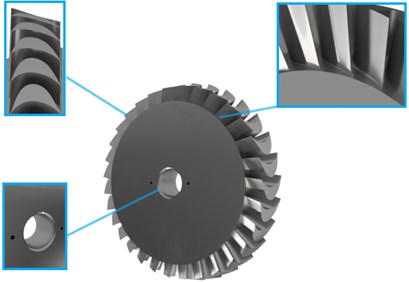 An exemplary 3D model of the turbine disc; the following elements are enlarged:  pinhole (in the bottom left corner), transition radius (in the upper right corner),  blades with complex shapes (in the upper left corner)