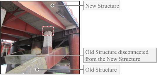 Disconnecting the original substructure (left) and disconnection  between the New Structure and the original elevation (right)