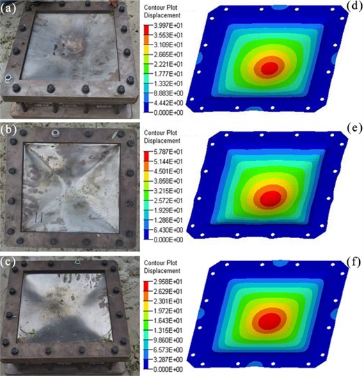 a)-c) are experimental photos after explosion, and d)-f) are simulation results of plates