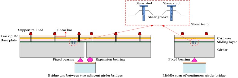 Schematic diagram of the track structure at the middle span and beam ends