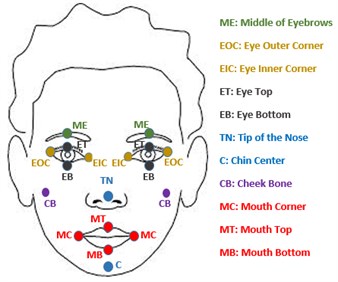 The eighteen facial landmarks selected  for the AFG system