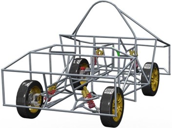 Assembled vehicle with shock absorbers and wishbones