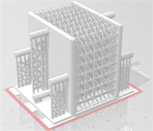 Novel lattice design for SLA printing: a) full sample with support, b) single cell