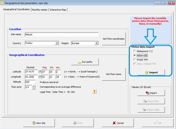 Geographic location and acquisition of location parameters via NASA-SSE in PVsyst software