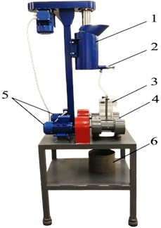 General view of the experimental stand: 1 – conditioning tank, 2 – shut-off fitting, 3 – interchangeable chamber, 4 – vibrating platform, 5 – vibration drives, 6 – material collecting tank