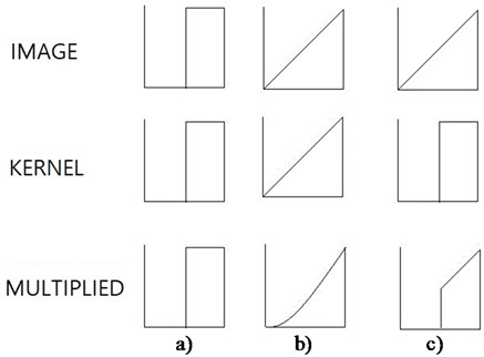 Effects of kernel resembling original functions on one-dimensional coordinate: a) black and white image; b) and c) gray image