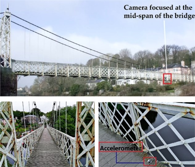 Daly’s bridge: general view (from west and looking across north) and  position of a wireless accelerometer for the trials