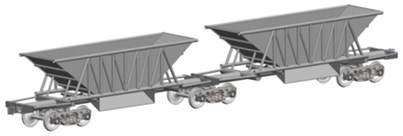 The spatial computer models of freight wagons:  a) flat wagon, b) open wagon, c) boxcar, d) hopper wagon