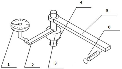 Static torsional stiffness measuring rig: 1 – dial indicator, 2 – output rod,  3 – harmonic driver, 4 – camshaft, 5 – force rod, 6 – force gauge