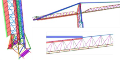 Axial forces in different structural members (red and green – compression and blue – tension)