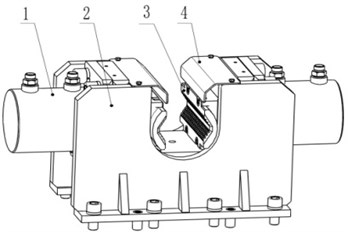 Gripper solution one: 1 – clamping cylinder; 2 – gripper body; 3 – slip;  4 – dust shield; 5 – gear; 6 – intermediate shaft; 7 – long locating ring;  8 – self-oiling bearing; 9 – short locating ring; 10 – rack; 11 – slip bowl