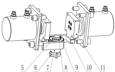 Gripper solution one: 1 – clamping cylinder; 2 – gripper body; 3 – slip;  4 – dust shield; 5 – gear; 6 – intermediate shaft; 7 – long locating ring;  8 – self-oiling bearing; 9 – short locating ring; 10 – rack; 11 – slip bowl
