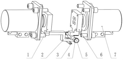 Gripper solution two (hide gripper body): 1 – left slip bowl; 2 – rack; 3 – wear plate;  4 – self-oiling bearing; 5 – gear shaft; 6 – right slip bowl; 7 – clamping cylinder
