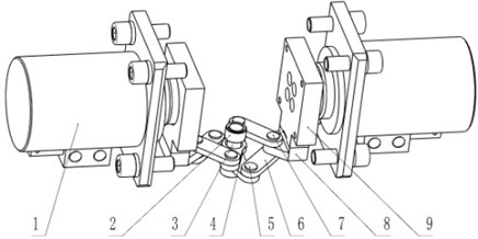 Gripper solution three (hide gripper body): 1 – clamping cylinder; 2 – self-oiling bearing; 3 – step axis; 4 – connecting rod; 5 – short pin; 6 – connecting piece; 7 – long pin; 8 – support plate; 9 – slip bowl
