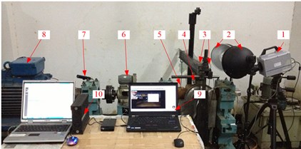 Test bench of after stern bearing [2, 17, 18]:  1 – high-speed camera; 2 – LED white light;  3 – accelerometer; 4 – test block and shaft;  5 – weight; 6 – torque meter;  7 – infrared speedometer; 8 – motor; 9 – Photron 3, TEMA2.6; 10-B&K PULES