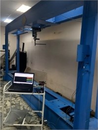 Experimental setup: a) general view of the test frame; b) modular shaker;  c) registration system; d) placement of vibration sensors on the frame rack;  e) placement of vibration sensors on the frame crossbar