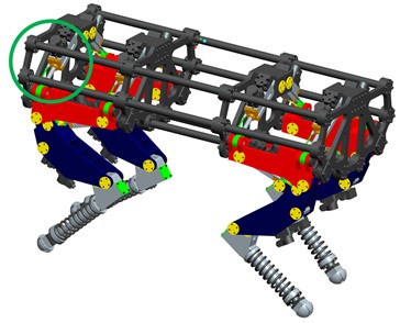 An electro-hydraulic servo four-legged robot model: a) 3D configuration of a four-legged robot  with electro-hydraulic system, b) single-leg 3D configuration of a four-legged robot