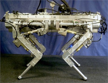 Physical images of a hydraulic four-legged robot a) in 2012, robot images with stereo cameras were not installed, b) in 2012, robot images with stereo cameras were installed