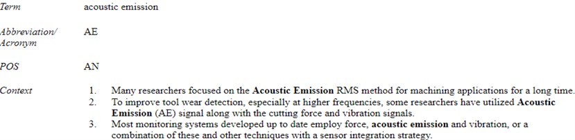 Metadata displayed for the cacidate term acoustic emission