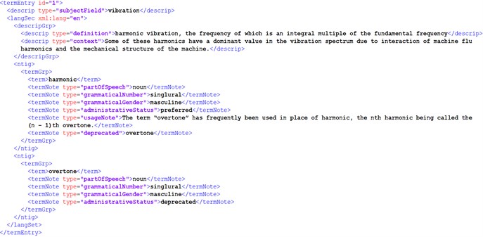 Metadata displayed in XML format for the candidate term harmonic