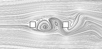 Time averaged streamline for square cylinders arranged in tandem at Re = 6.5e4 for different L/D: a) single cylinder, b) L/D= 1.5, c) L/D= 2.5, d) L/D= 3.5, e) L/D= 3.75, f) L/D= 4,  g) L/D= 4.25, h) L/D= 4.5, i) L/D= 5, j) L/D= 6, k) L/D= 7, l) L/D= 8.75