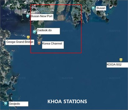 KHOA (Korea Hydrographic and Oceanographic Agency) and KMA (Korea Meteorological Administration) stations located around the Nakdong Estuary, the Republic of Korea