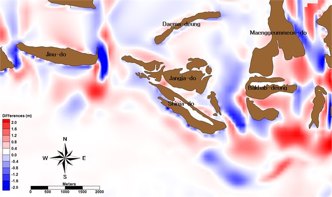 Computed morphological change (red is deposition, and blue is erosion) around barrier islands between 1982 and 1986 (Lund-CIRP, mean grain size: 0.25 mm, and multi  bottom friction coefficients based on multi grain size distribution)