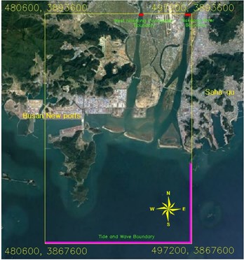 Model grid area (horizontal distance: 16.6 km, vertical distance: 26.0 km)  and boundary condition section (pink line)