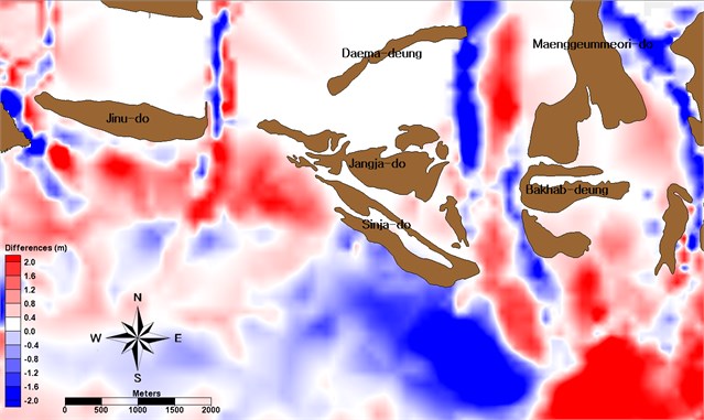 Measured morphological change (red means depositions and blue means erosions) around barrier islands, located the Nakdong Estuary, the Republic of Korea between 1982 and 1986