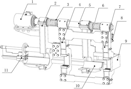 Schematic diagram of double pipe automatic loading and unloading device:  1. Oscillating oil cylinder, 2. Support, 3. Reset spring, 4. Casing pipe gripper arm, 5. Drive shaft,  6. Gripper arm stop device, 7. Drill pipe gripper arm, 8. Flow dividers and combiner,  9. Baffle, 10. Casing stop plate, 11. Push rod device