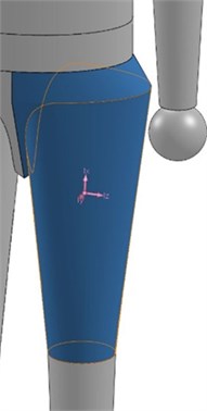 a) General idea for the 3D model of the human thigh; b) a computer realization  of all the three geometrical parts embraced within the mathematical model of the thigh