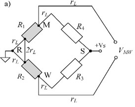 a) The classical and unconventional, b) bridge-circuits as resistance  to voltage converters, the resistances R1 and R2 represent two RTDs