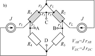 a) The classical and unconventional, b) bridge-circuits as resistance  to voltage converters, the resistances R1 and R2 represent two RTDs