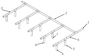 Naming of each part of the model: 1 – inlet; 2 – inlet manifold; 3 – branch inlet pipe;  4 – outlet 2; 5 – outlet 1; 6 – branch inlet pipe 1; 7 – outlet 3; 8 – outlet 4