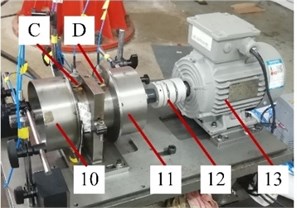 Test equipment: 1) pedestal, 2) house, 3) end cover 1, 4) shaft, 5) disc 1, 6) tested bearing, 7) contrast bearing, 8) disc 2, 9) end cover 2, 10) drum 1, 11) drum 2, 12) coupling, 13) AC motor