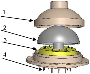 CVG sensor schematic view: 1 – sensor cover,  2 – quartz component, 3 – pickoff block, 4 – GTM pins