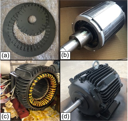 Manufacturing stages for the test motor: a) stator and rotor plates manufactured  using M330 50A type steel; b) stator manufactured with a skew angle of 13°;  c) rotor (PM assembly completed); d) manufactured prototype