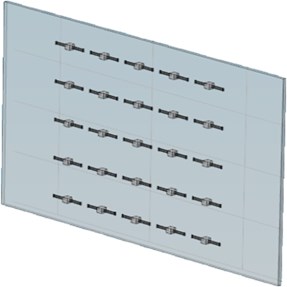 The schematic diagram of the metamaterial plate with 25 equally  spaced double-cantilever resonance units installed on the aluminum plate