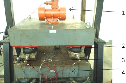 Experiment device with 4 active-passive isolators: 1 – vibration motor; 2 – active and passive vibration isolation; 3 – error measurement point; 4 – lower base