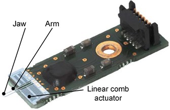 Electrostatic microgrippers. a) the FT-G 100 Microgripper [6],  b) gripper with self-locking mechanism [14]