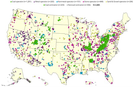 Geographical distribution of fatalities in open pit and UCM in the USA (1983-2020)