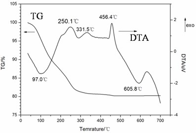 TG and DTA curves of the precursor FeVO4·nH2O