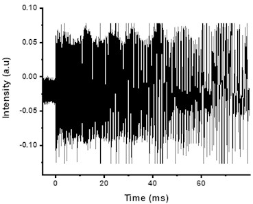 Intensity variation of pulsed laser induced vibrations of circular brass plate measured by QMI, bursts of intensity variations represents variation in fringes with respect to time (Fringe Frequency)