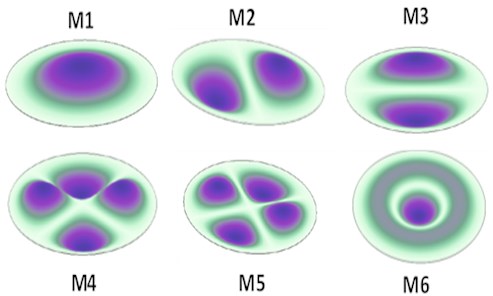 First six modes of vibration M1 to M6 of a thin sheet of 100 µm thickness and 44 mm diameter circularly clamped brass sheet at the edges, simulated by FEM with density = 8750 kg/m3,  Poisson ratio = 0.35 and Young’s modulus = 110 GPa