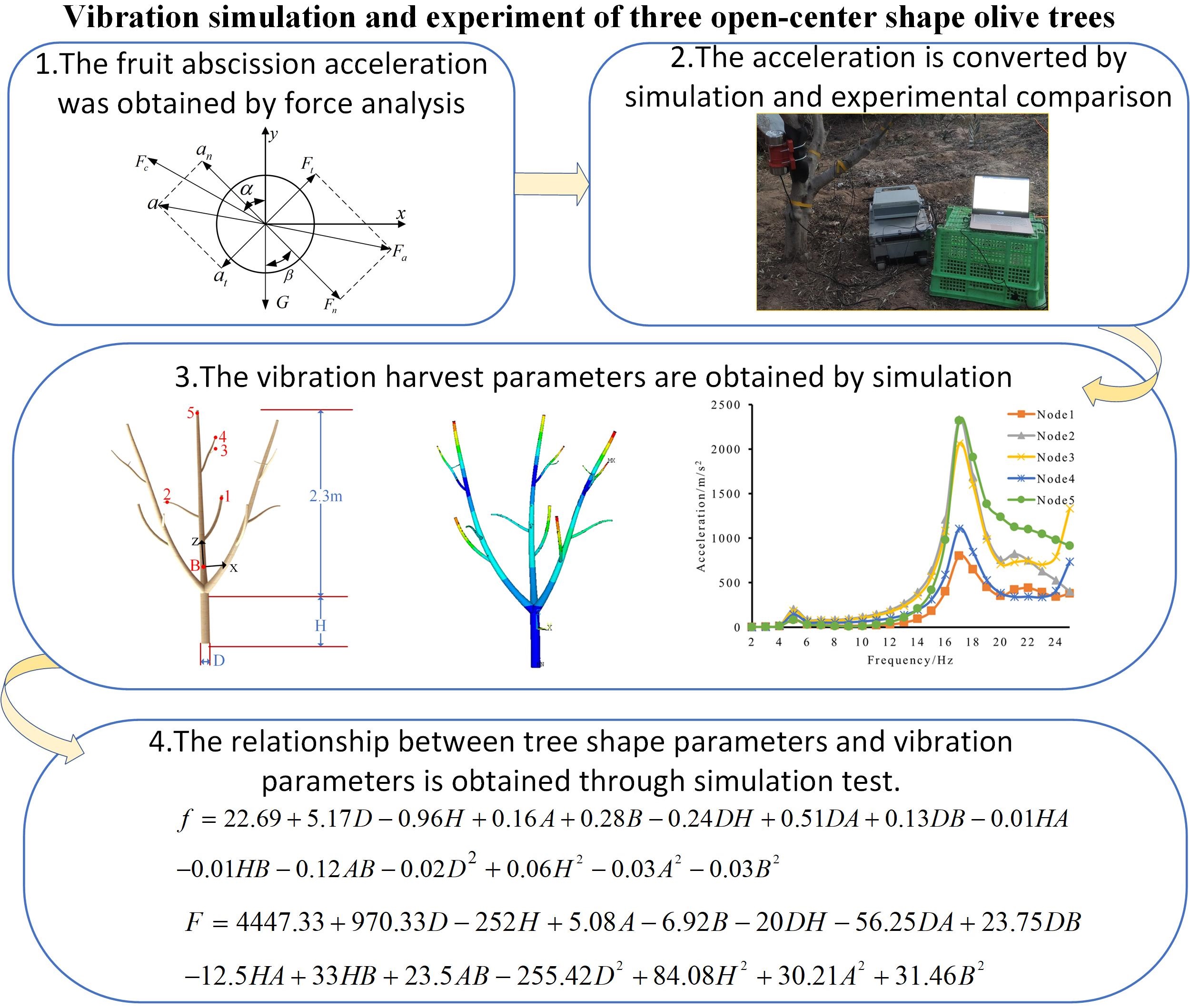 Vibration simulation and experiment of three open-center shape olive trees
