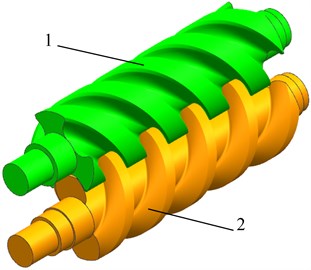 The model of the main and the driven screw rotors: 1 –driven screw rotor; 2 – active screw rotor