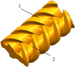 Entity model of A-type screw rotor of twin-screw pump:  1 – drive screw rotor; 2 – active screw rotor