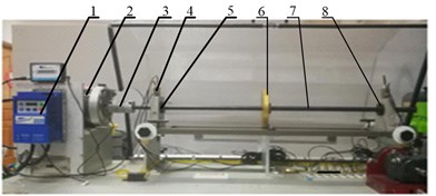 View of experimental setup of rotor-bearing system: 1 – variable speed controller;  2 – motor; 3 – coupling; 4 – 3D-accelerometer; 5 – bearing 1; 6 – rotor disk; 7 – shaft;  8 – healthy bearing; 9 – ball defect; 10 – outer race defect; 11 – LMS SCADAS mobile